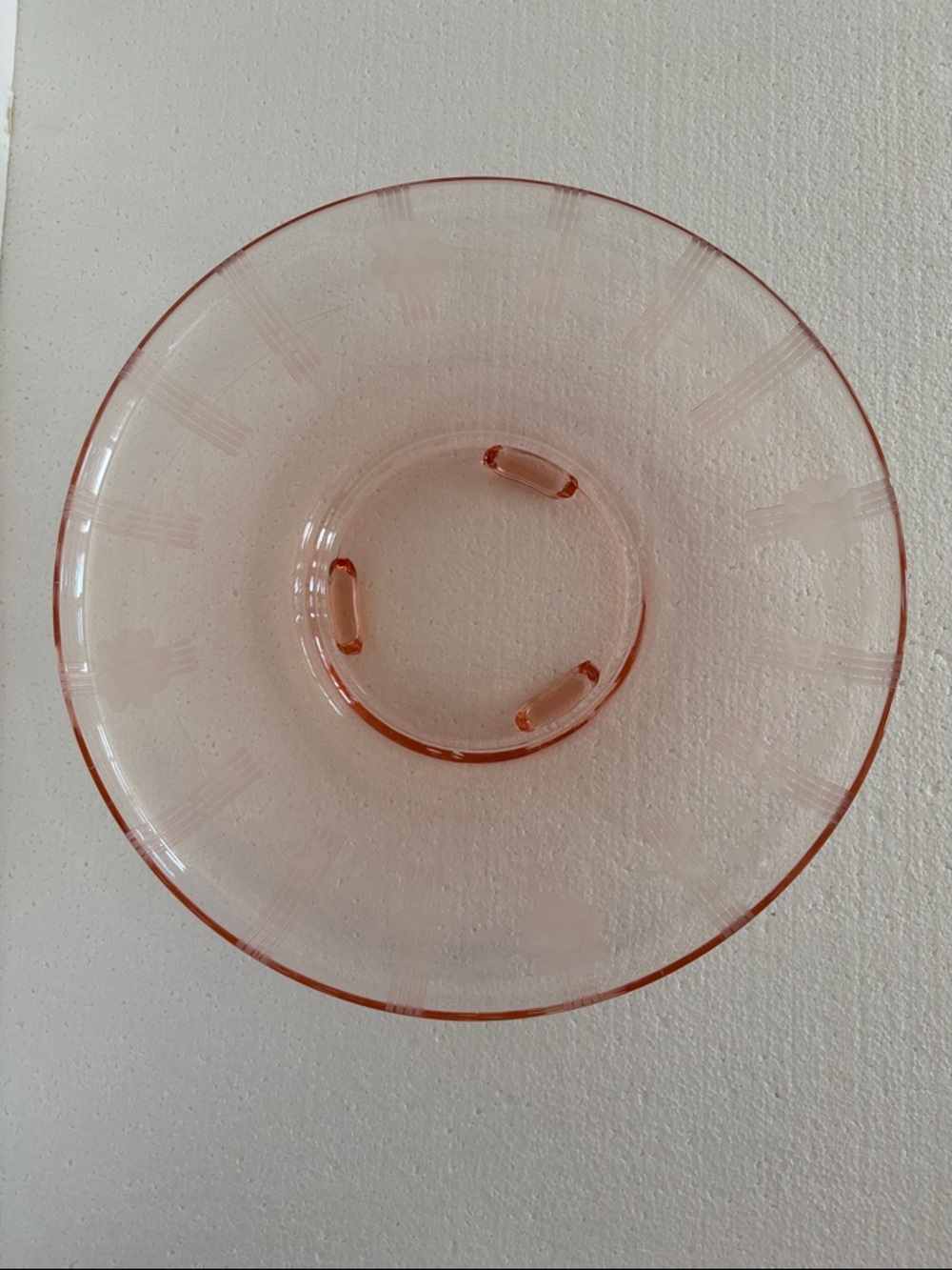 Vintage Pink Depression Etched Glass Footed Platter 13” Diameter